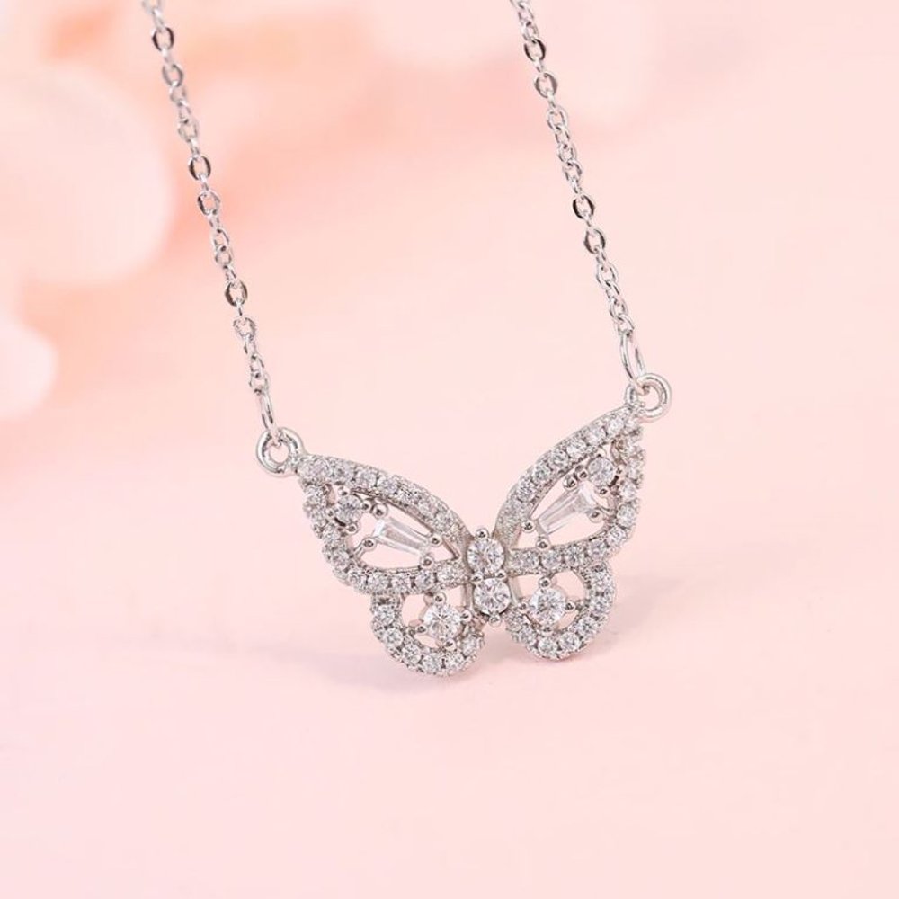 Sterling Silver Diamond Butterfly Pendant Necklace - Picture 2 of 5